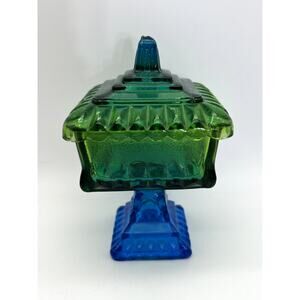 Jeannette Blue Green Ombre Flash Glass Candy Dish Wedding Box w/ Lid Art Deco